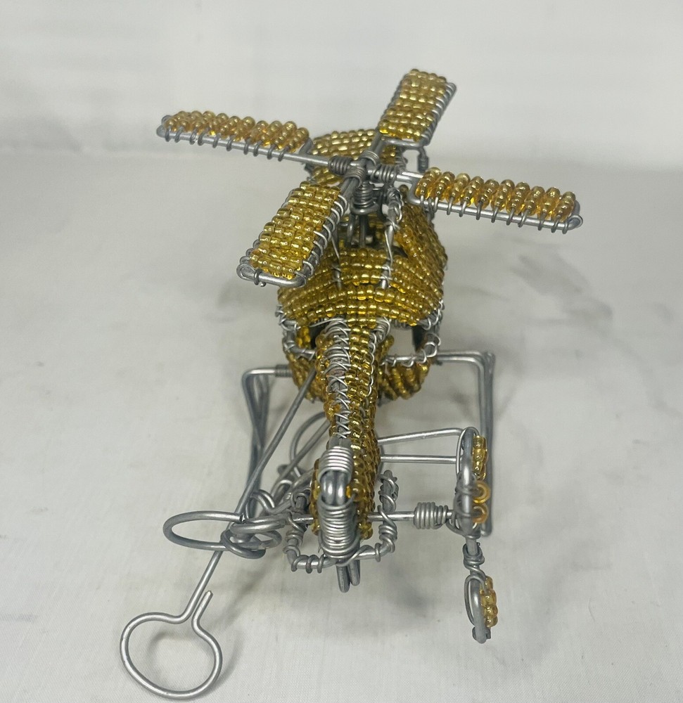 Wire Beeded Sculpture Model Yellow Helicopter . Functional Propellers !