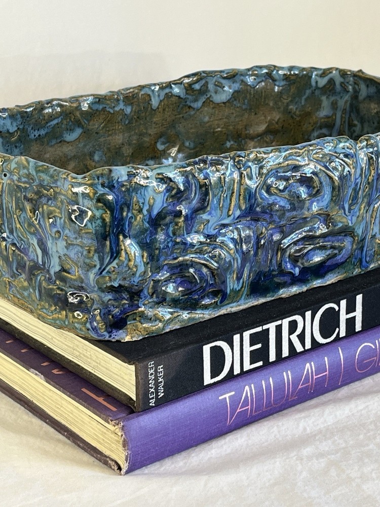 Vintage Ceramic Planter in Brutalist MCM Style Blue and Green Rectangular