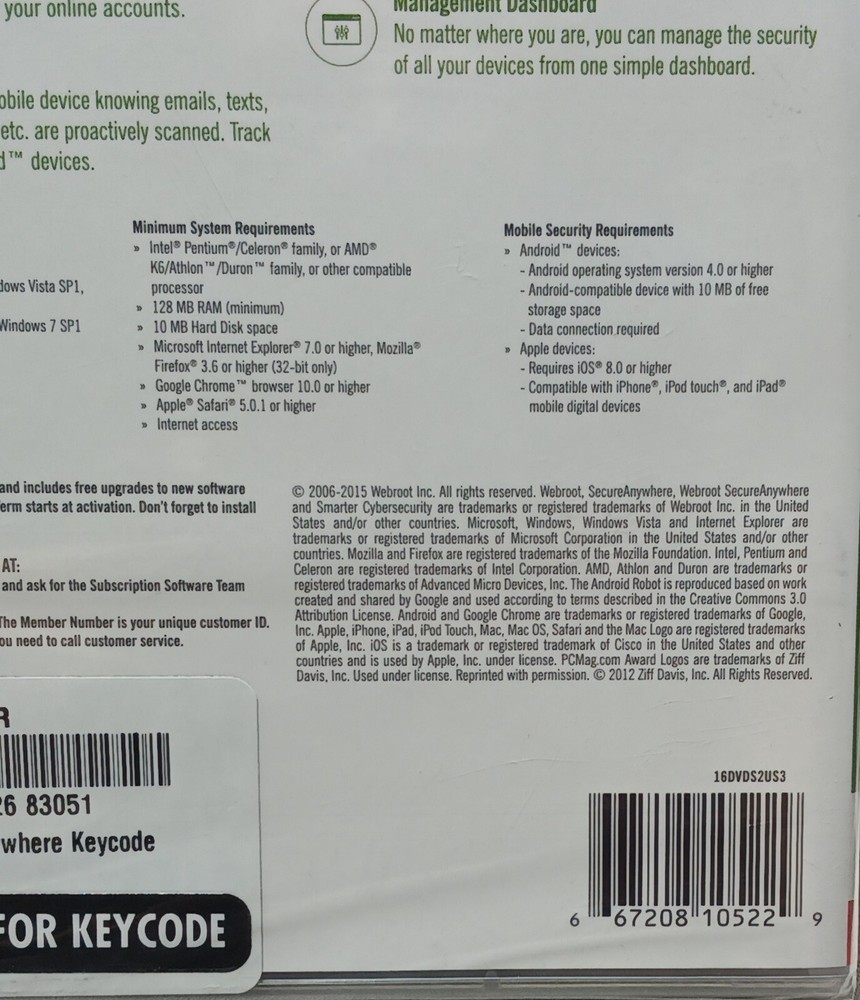 Webroot Secure Anywhere- Internet Security Software Factory Sealed 2015