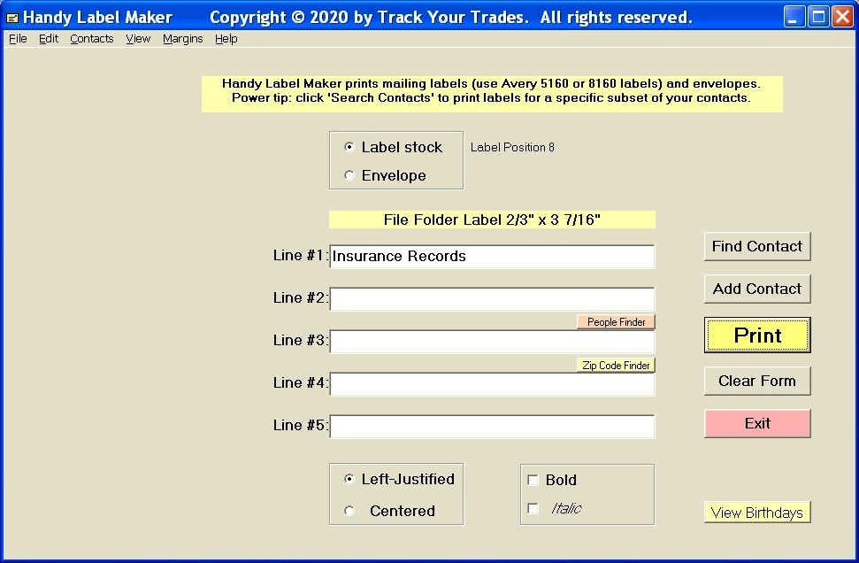 Software prints mailing labels. Home/Office Mass mailing, mail list Address book
