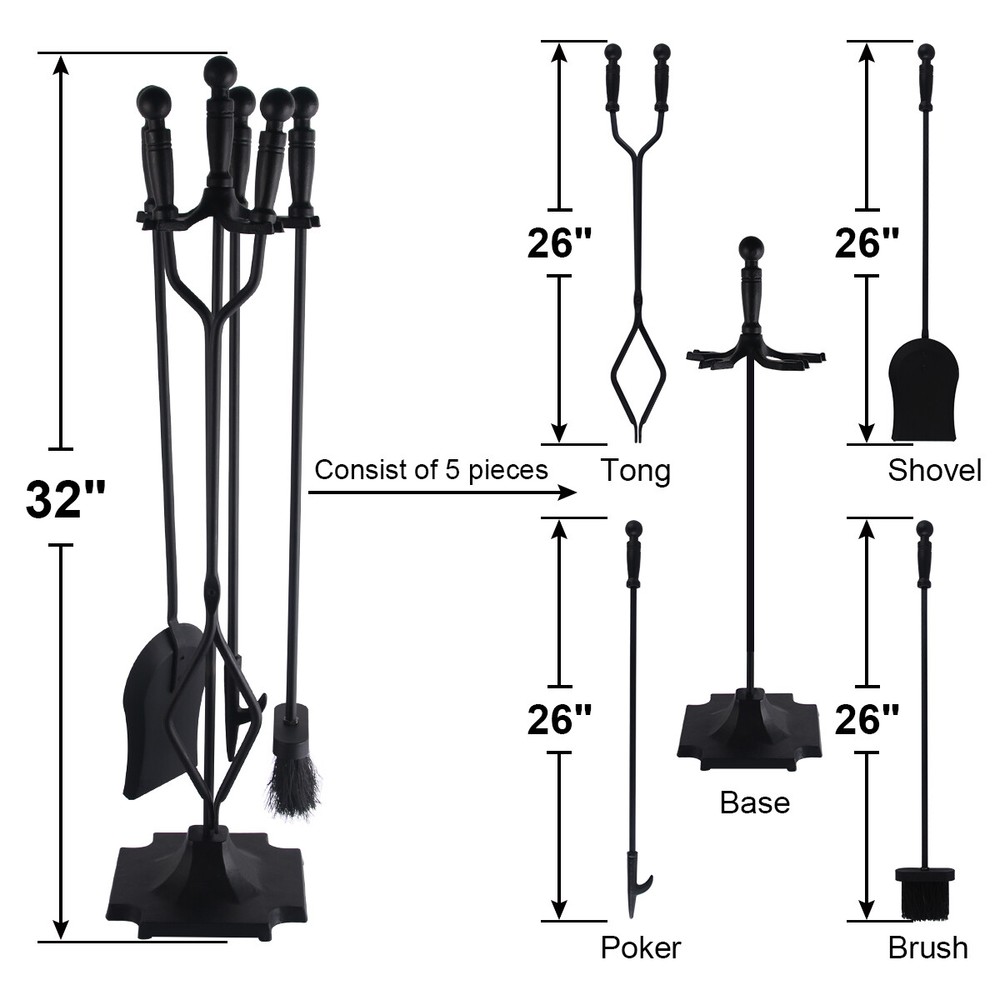 5Pcs Fireplace Tools Set Wrought Iron Fire Place Accessories Tools with Handles