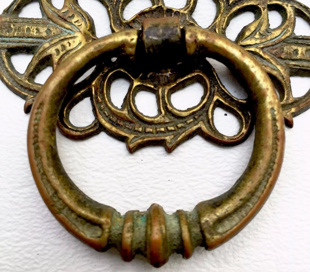 Brass French Provincial Antique Drop Ring Drawer Pull Victorian Cabinet Handle