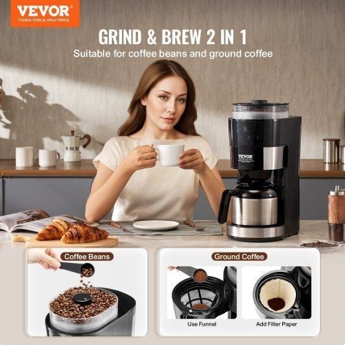 Coffee Maker with Grinder 8 Cup Programmable Coffee Machine Grind and Brew