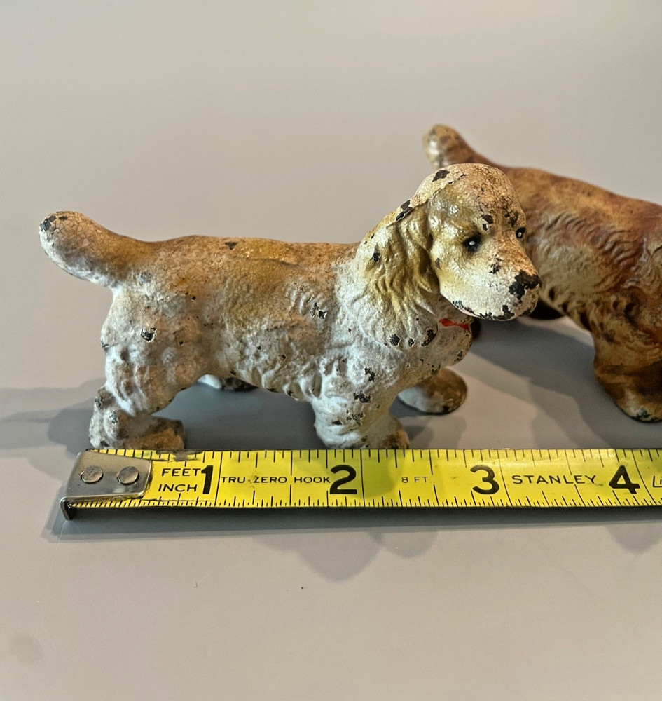 2 Vintage Hubley Solid Cast Iron Cocker Spaniel Dog Paperweight Figures