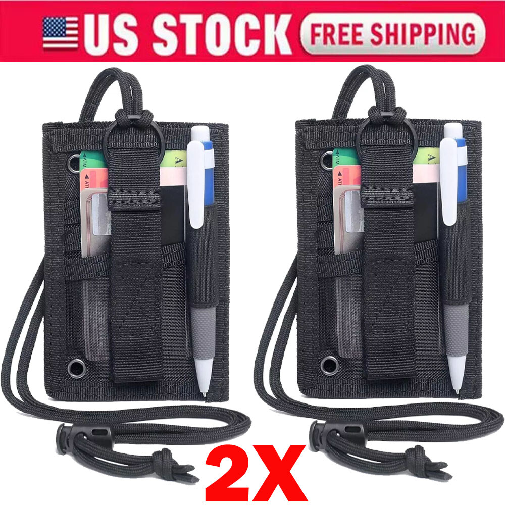 2x Black Tactical ID Card Holder Hook&Loop Patch Badge Organizer Neck Lanyard