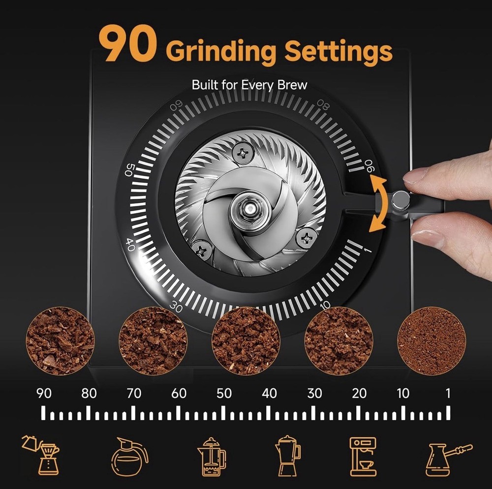 64mm Commercial Flat Burr Electric Coffee Grinder, 90 Settings, Digital Timer