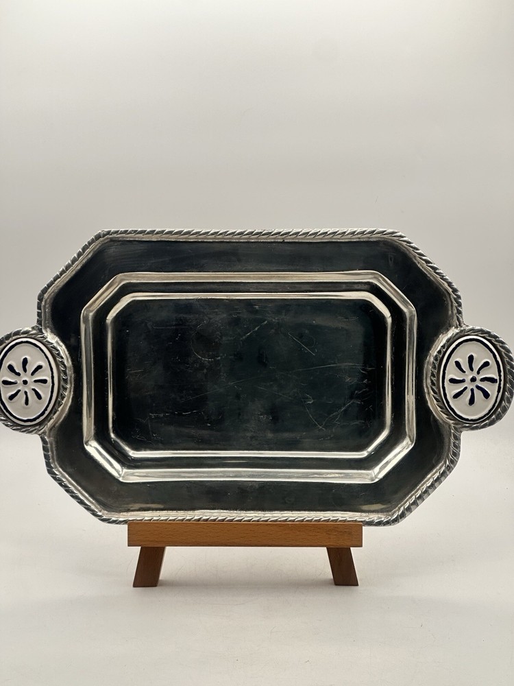 Pewter Mexicano Platter With Ceramic Tile Handle Embellishments