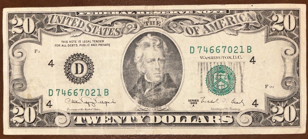 1988A $20 Twenty Dollar Bill 3rd Print Offset / Misaligned Overprint Error Note