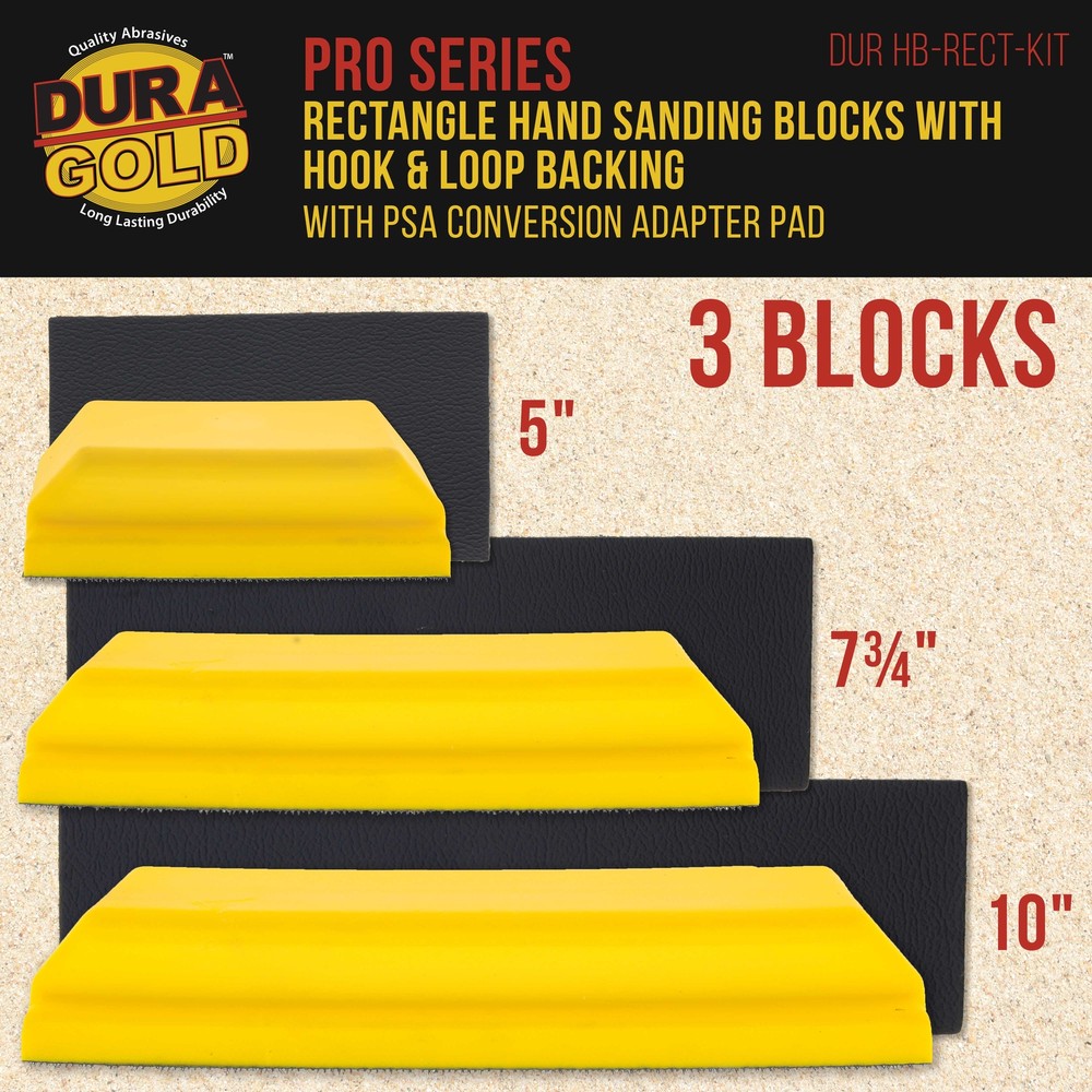 5", 7-3/4" and 10" Rectangle Hand Sanding Blocks, Hook & Loop Backing, PSA Pad