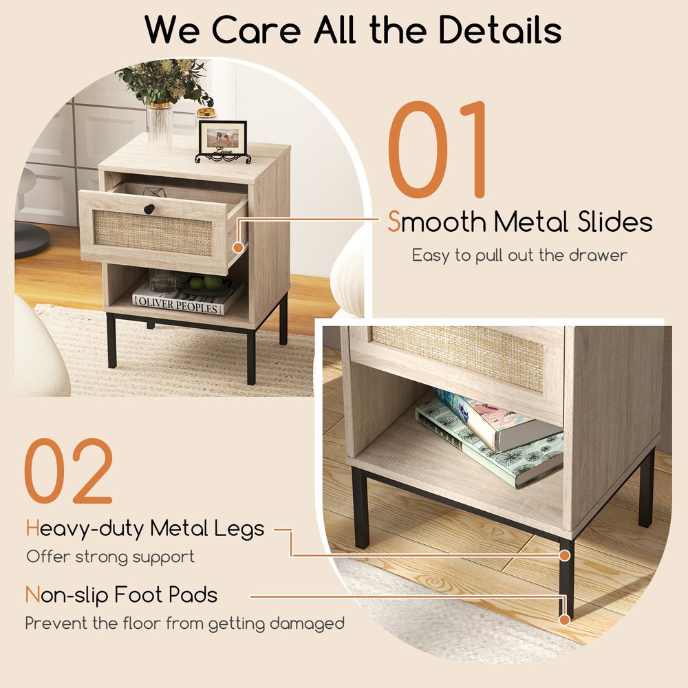 2 PCS Boho Style Nightstand Compact End Table w/Rattan Drawer & Open Shelf