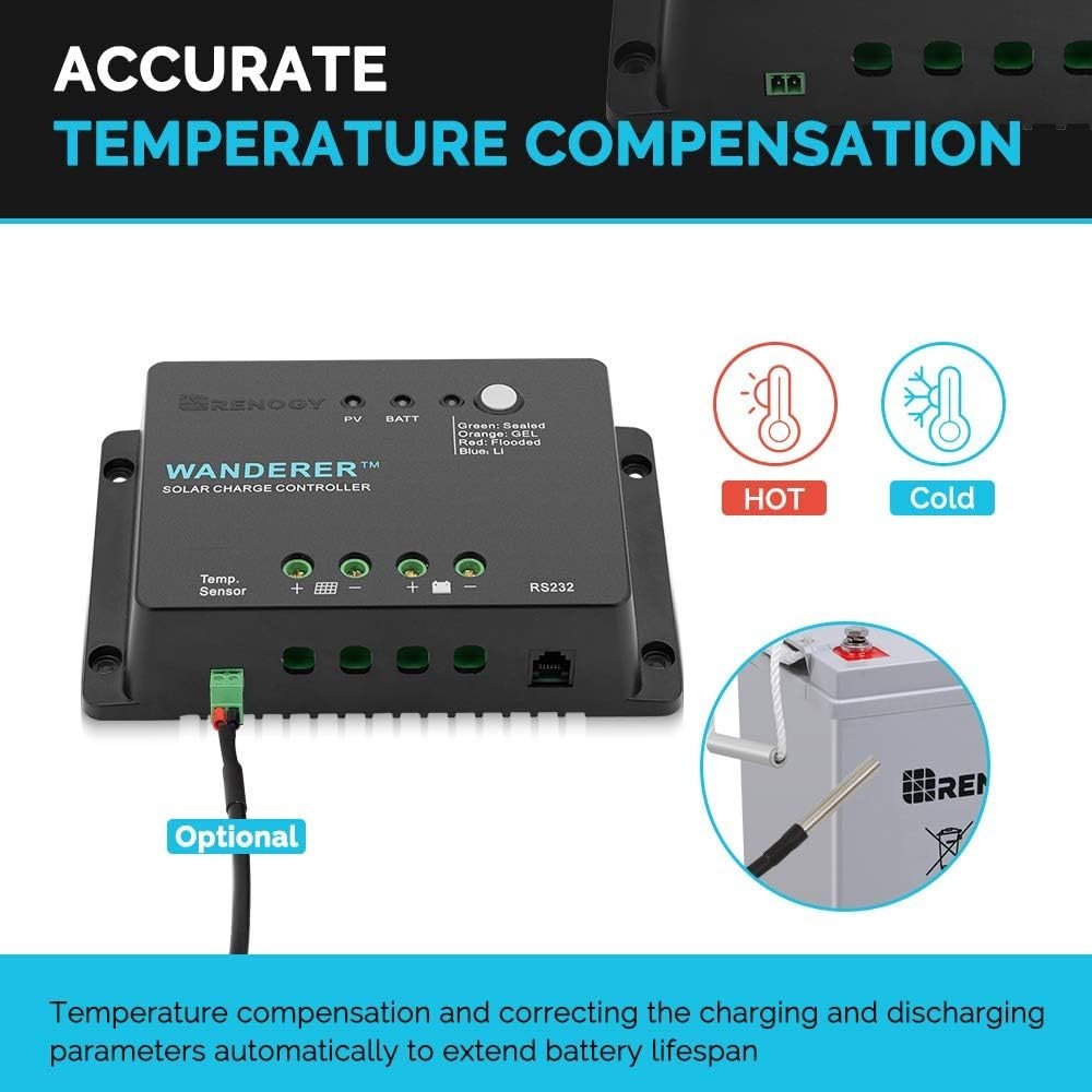 Wanderer Li 30A 12V PWM Solar Charge Controller with Temp Sensor & Bluetooth