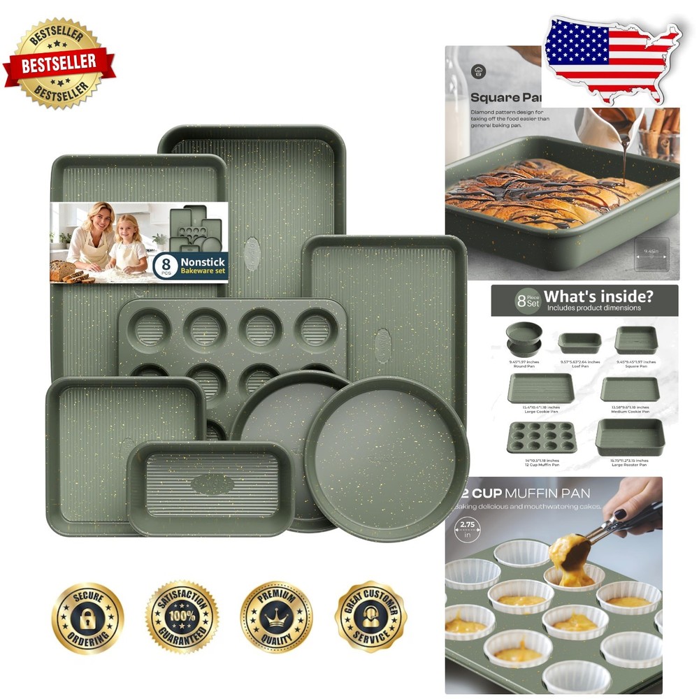 Elite 8-Piece Bakeware Set: Stackable, Nonstick Ceramic, Green Carbon Steel