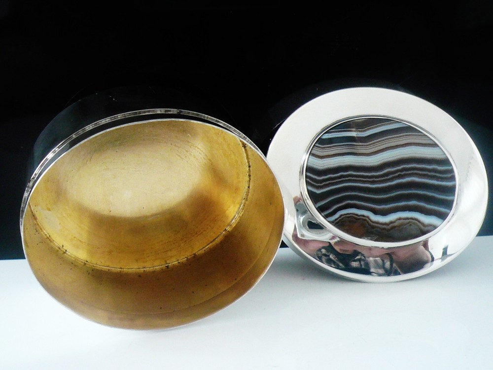 Sterling Silver Box , Large Agate Set Lid, Thomas Ducrow, Birmingham 1903