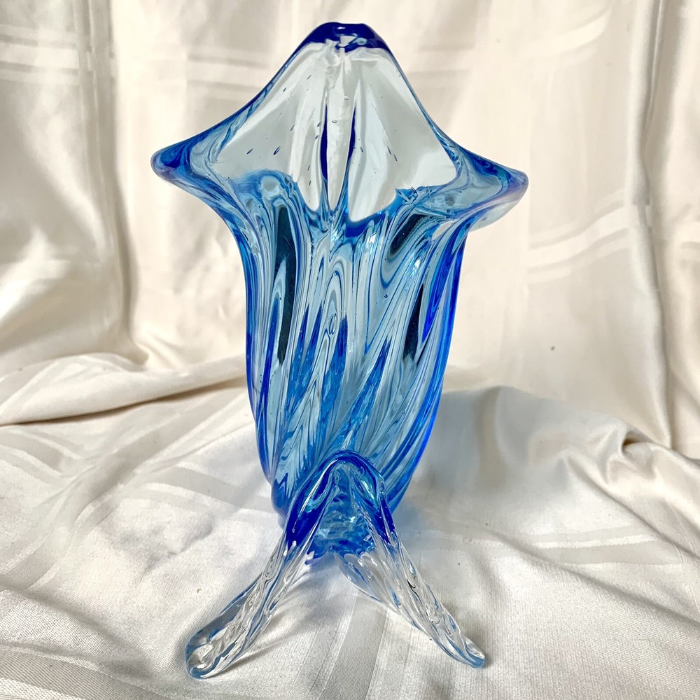 Vintage Murano Blue Cornucopia Glass Vase 7”
