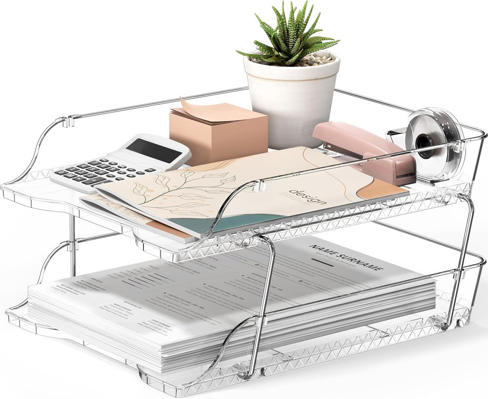 Simple Houseware 2-Tier Clear Stackable Letter Tray Organizer – Desktop File Hol