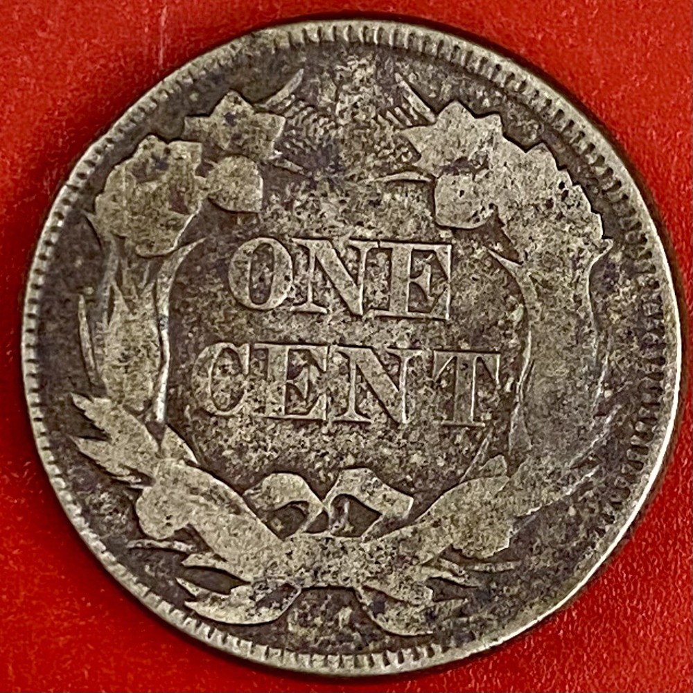 1857 FLYING EAGLE CENT, STRIKE THRU ERROR OBV