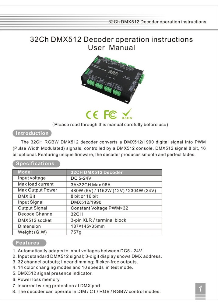 32CH DMX512 RGBW LED Decoder Controller Dimmer DC5-24V 96A 8/16Bit