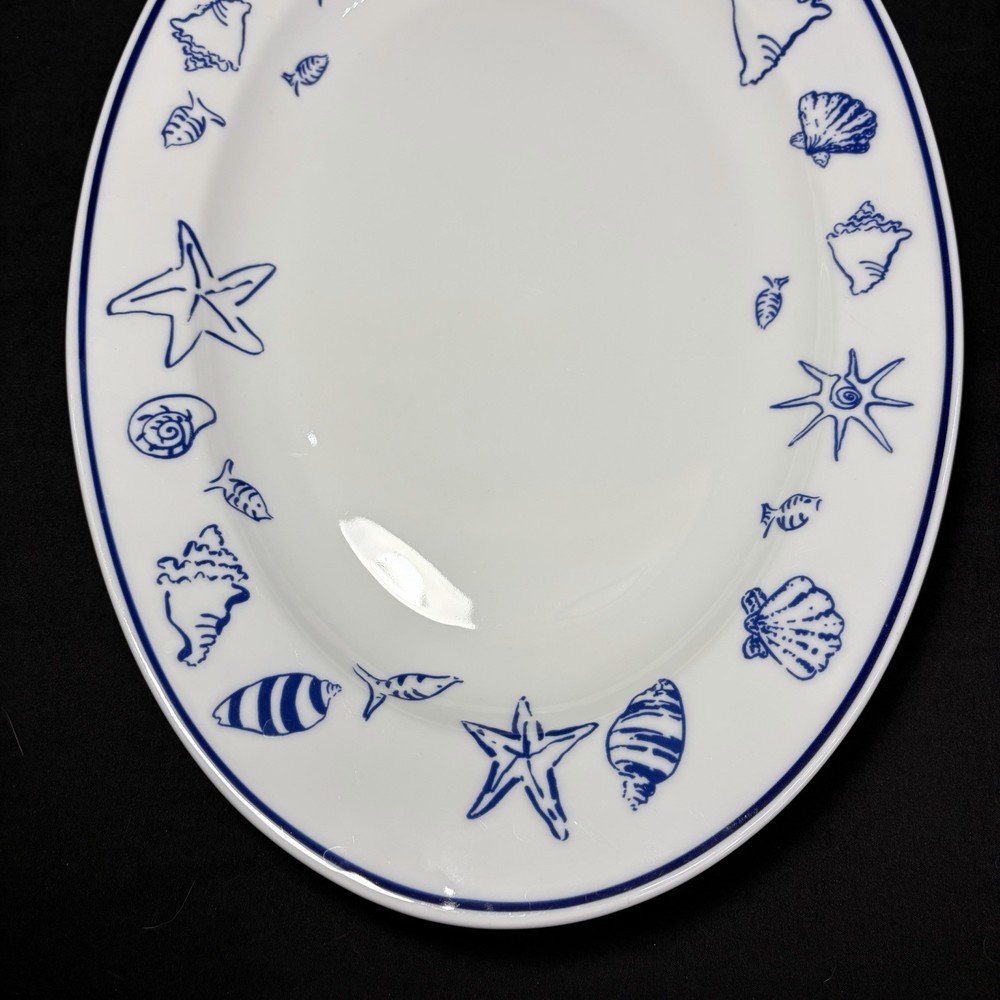 Serving Platter Elliot Bay Pattern White With Blue Seashell Fish & Trim 15”