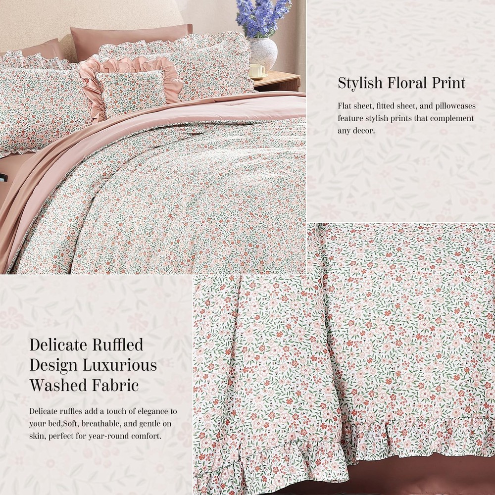 BLOOMHAVEN Queen Comforter Set - 7 Pieces Ruffle Pink Ditzy Bedding Sets, Sha...