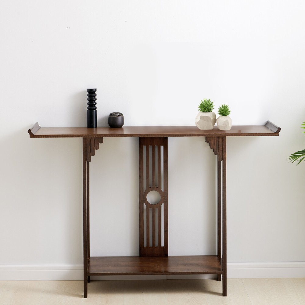 2-Layer Vintage Console Table Sofa Side Table Entryway Table Bamboo Shelf New