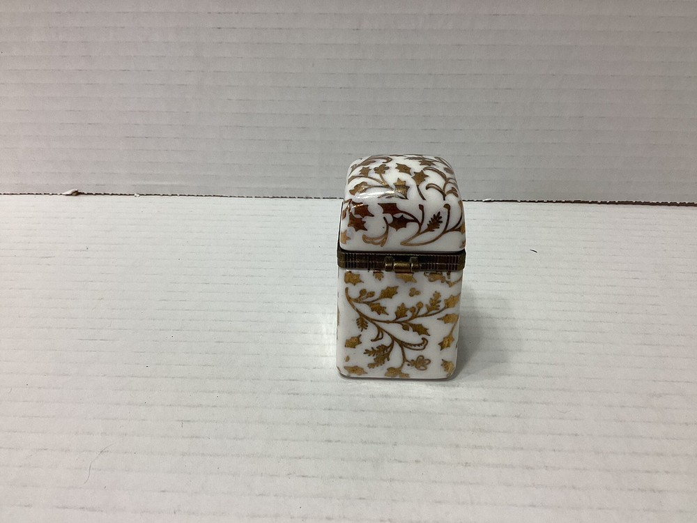 White Ceramic Rectangular Trinket Box Gold Vine Design