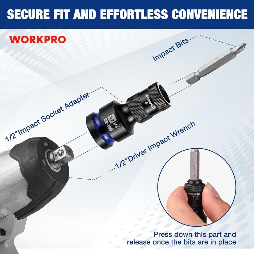 WORKPRO 1/2" to 1/4 in Hex Quick Release Square Impact Socket Adapter Bit Holder