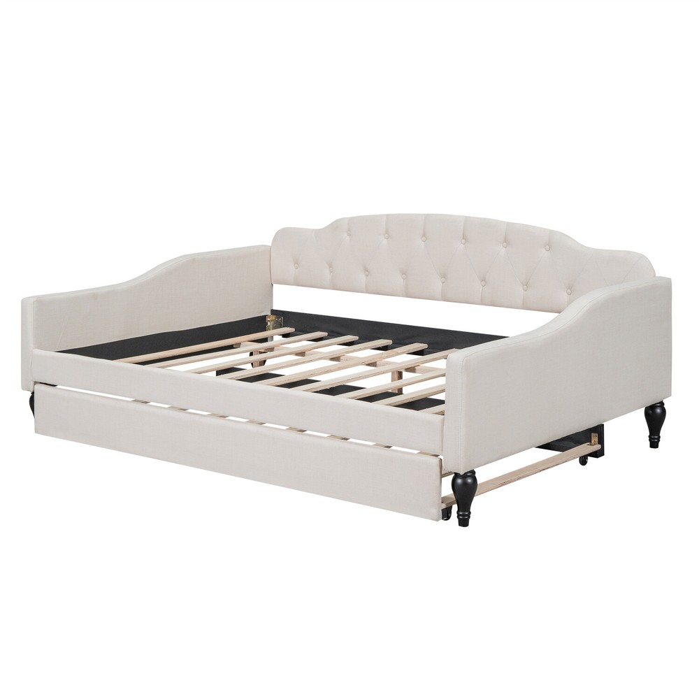 Full Size Daybed with Pull-Out Trundle Bed Upholstered Bed Frame Sofa Bed Beige