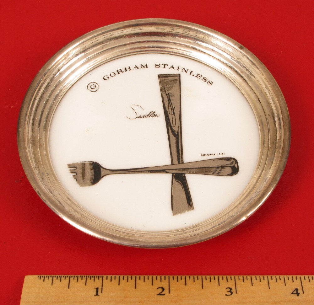 GORHAM STERLING SILVER GLASS COASTER TRAY DISH STAINLESS FLATWARE SWALLOW FORK