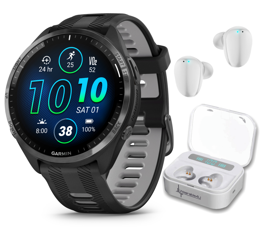 Garmin Forerunner 965 Running Smartwatch AMOLED Gray Titanium w/ White EarBuds
