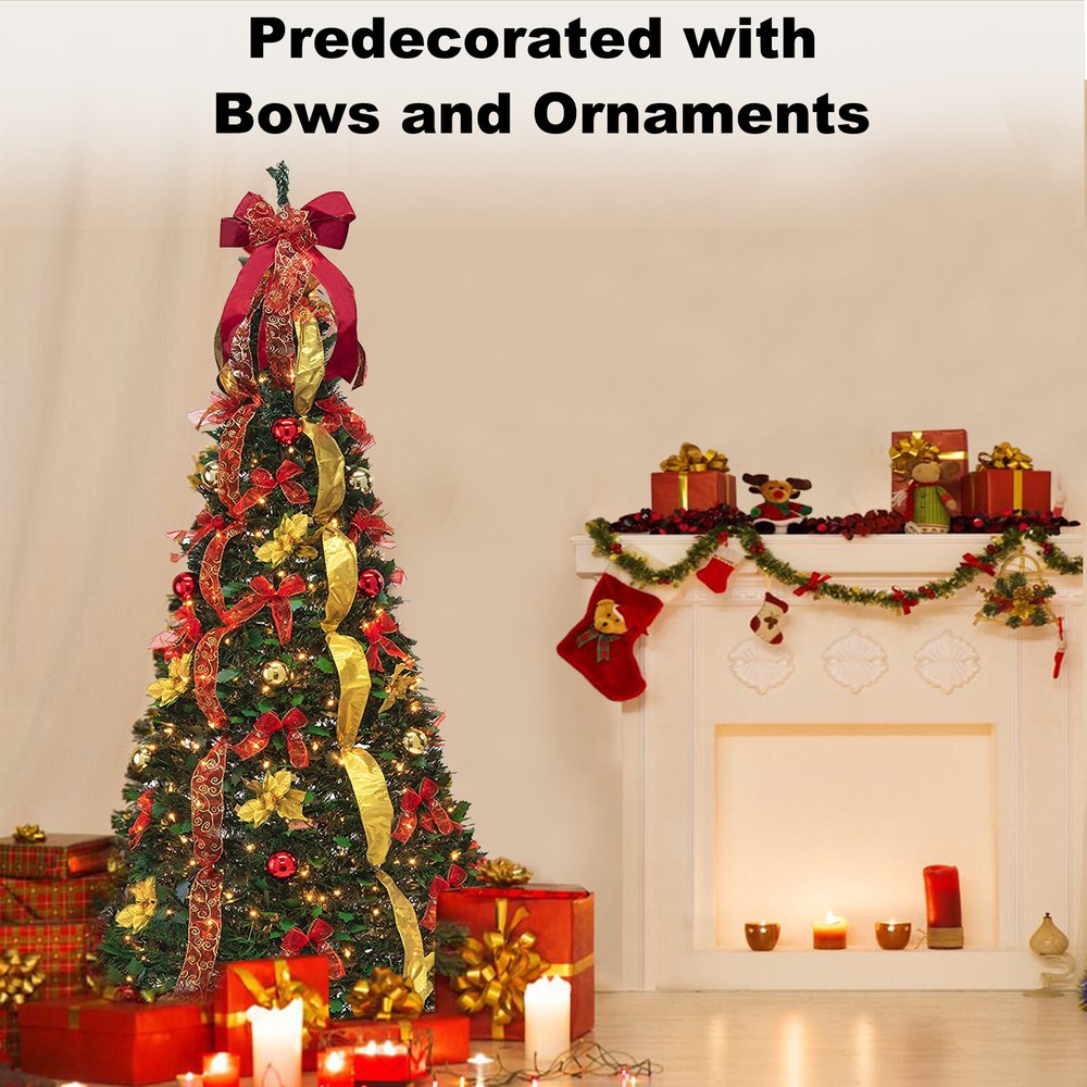 6Ft Pre-lit Christmas Tree Pull-Up Christmas Tree with Remote & 200 LED Lights
