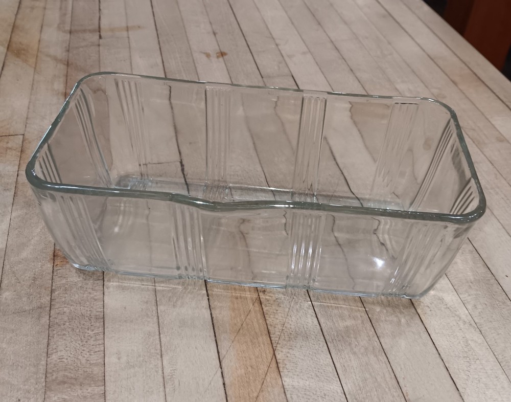 Clear Pressed Glass Loaf Pan, Ribbed Plaid Pattern 8x4