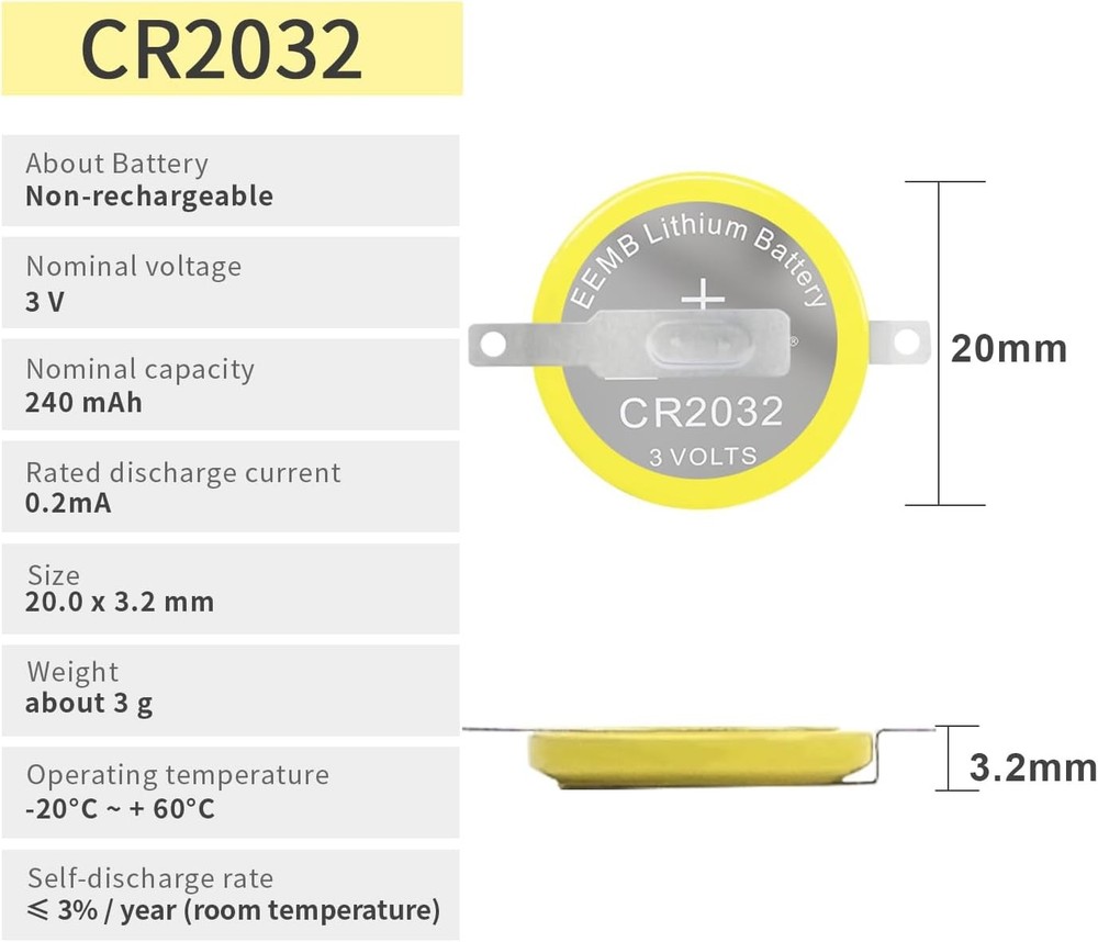 EEMB Tabbed CR2032 Battery with Solder Tabs 10-Pack - 3V...