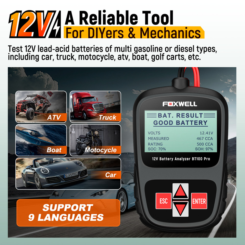 Foxwell BT100 Pro 12V Car Battery Analyzer - Accurate CCA 100-1100 Testing Tool
