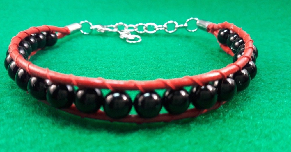 Black Beaded Wrap Red Leather Bracelet
