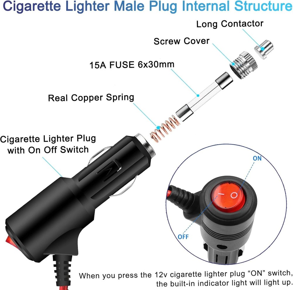 Heavy Duty 12V Cigarette Lighter Plug Adapter with Switch & Red LED Indicator Fo