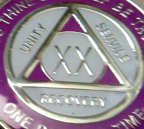 Glow Purple White Silver Alcoholics Anonymous 20 Year AA Medallion Sober Token