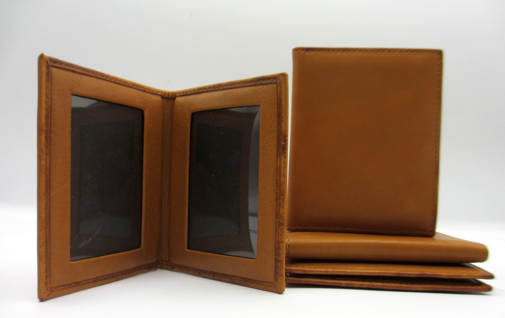 Bifold Frame MINI Holds Two 2x3" Photos Leather Graphic Image bi-fold TAN