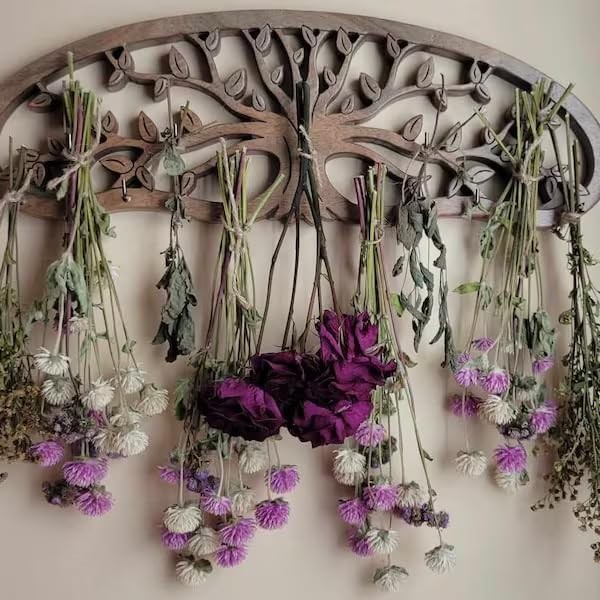 Rustic Herb Drying Rack Hanging - Artistic Life Tree Design for Kitchen Witch...