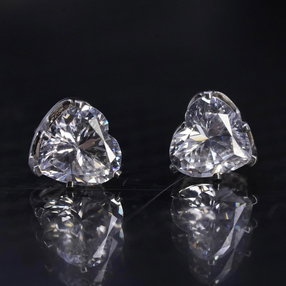 Vintage sterling silver 925 heart studs earrings with clear cz