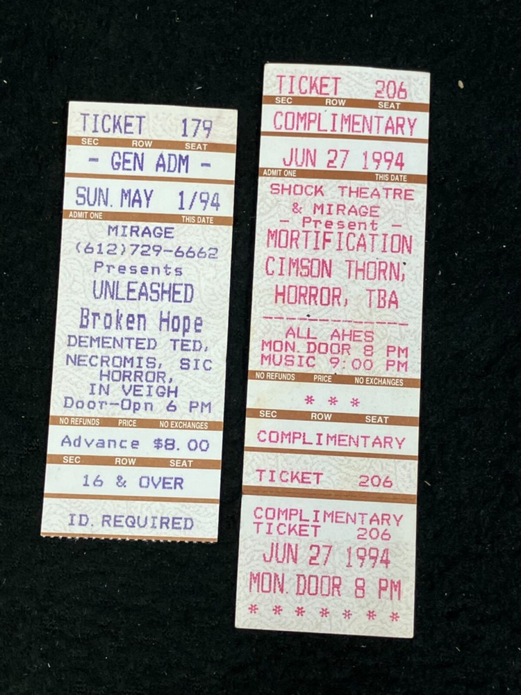 1994 UNLEASHED BROKEN HOPE MORTIFICATION CIMSON THOR CONCERT TICKET STUBS MIRAGE