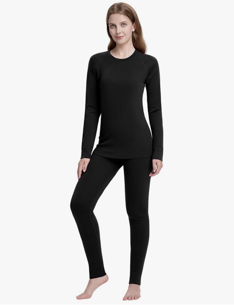 WOOLCANO 100%Merino Wool Women’s Thermal Base Layer Set Black XL
