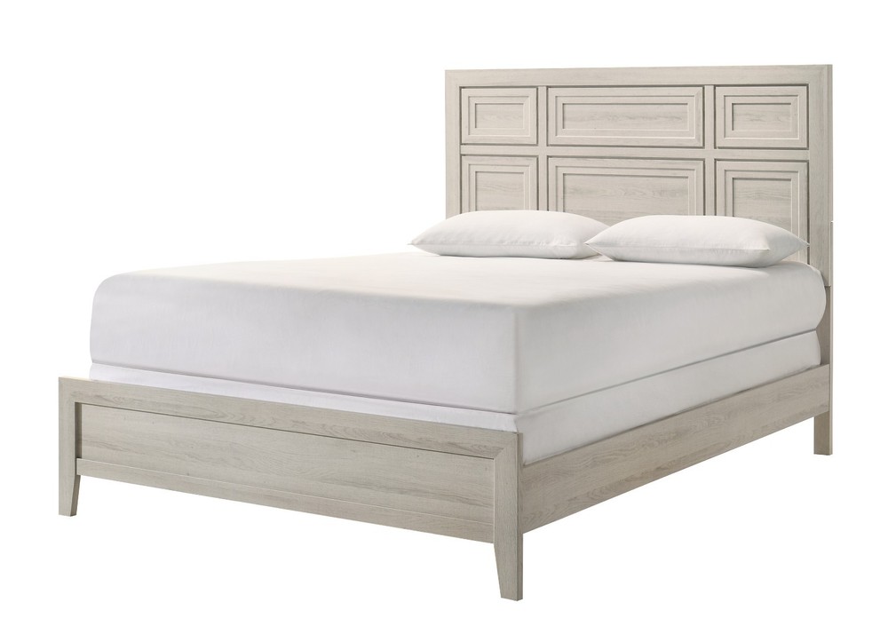 4pc Antique White Finish Queen Panel Bed Set Geometric Design Headboard