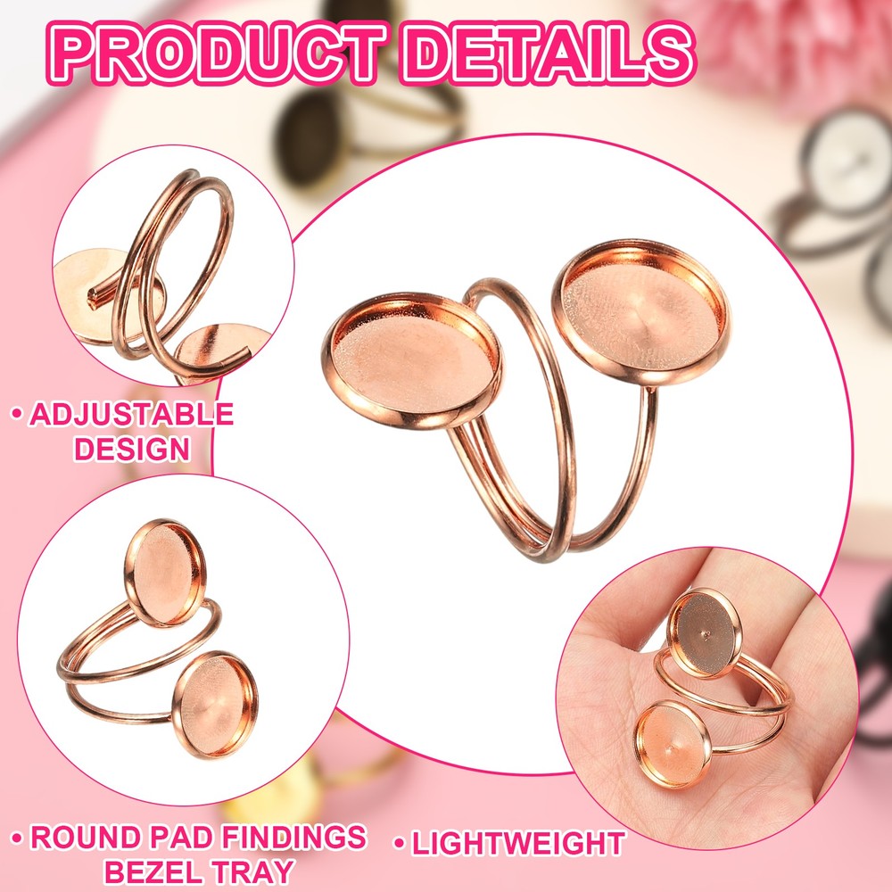 Ring Blank, 10 Pcs Adjustable Finger Ring Blank Base 12mm, Rose Gold