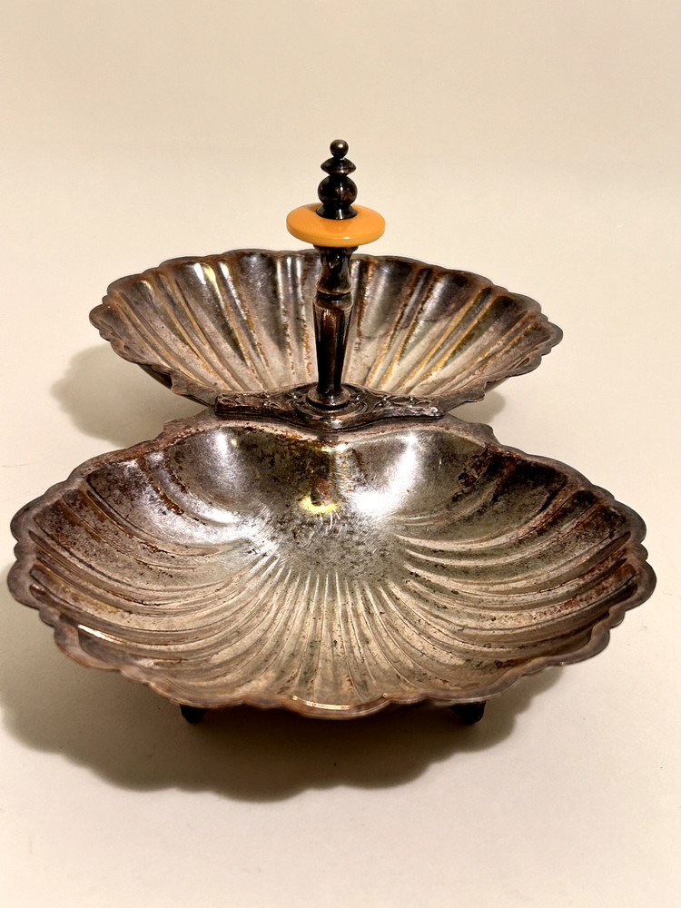 Vintage Silver Plated Double Shell Candy Dish w/ Bakelite Trim Handle