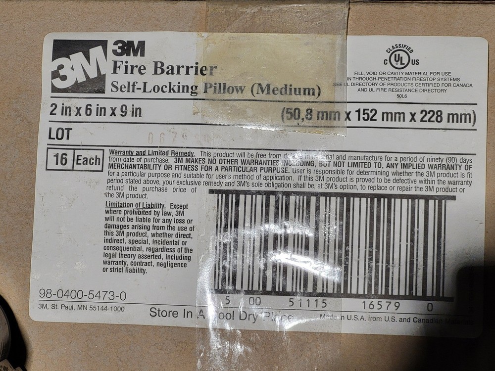 SURPLUS NEW 3M Fire Barrier Self Locking Pillow (Medium) 2"x6"x9" – Safety