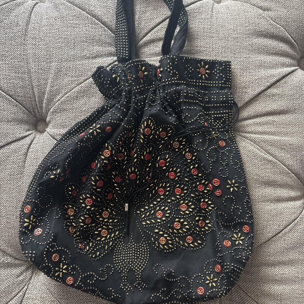 Vtg Peacock Drawstring Black Beaded Boho Hippy Purse FLAW