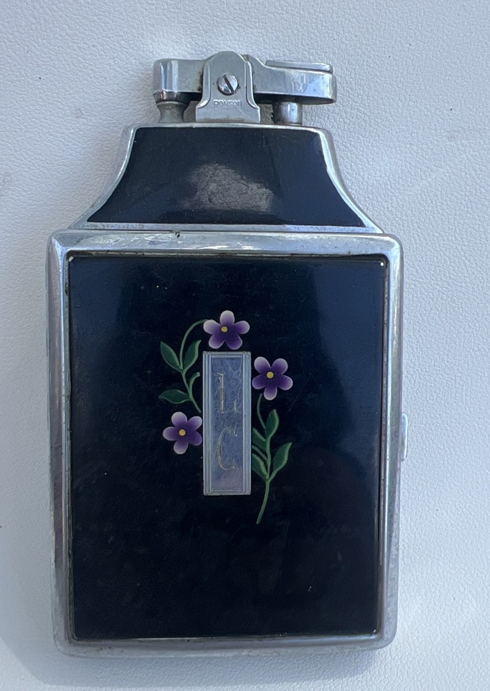 Vintage Ronson Mastercase  Cigarette Case & Lighter Black Floral Design