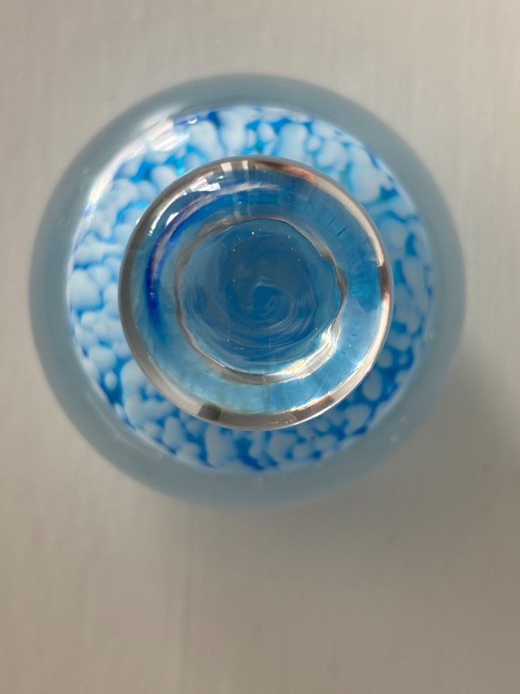 Lovely Signed Hand Blown Glass Perfume/Scent Bottle Blue & White Cloudy Pattern