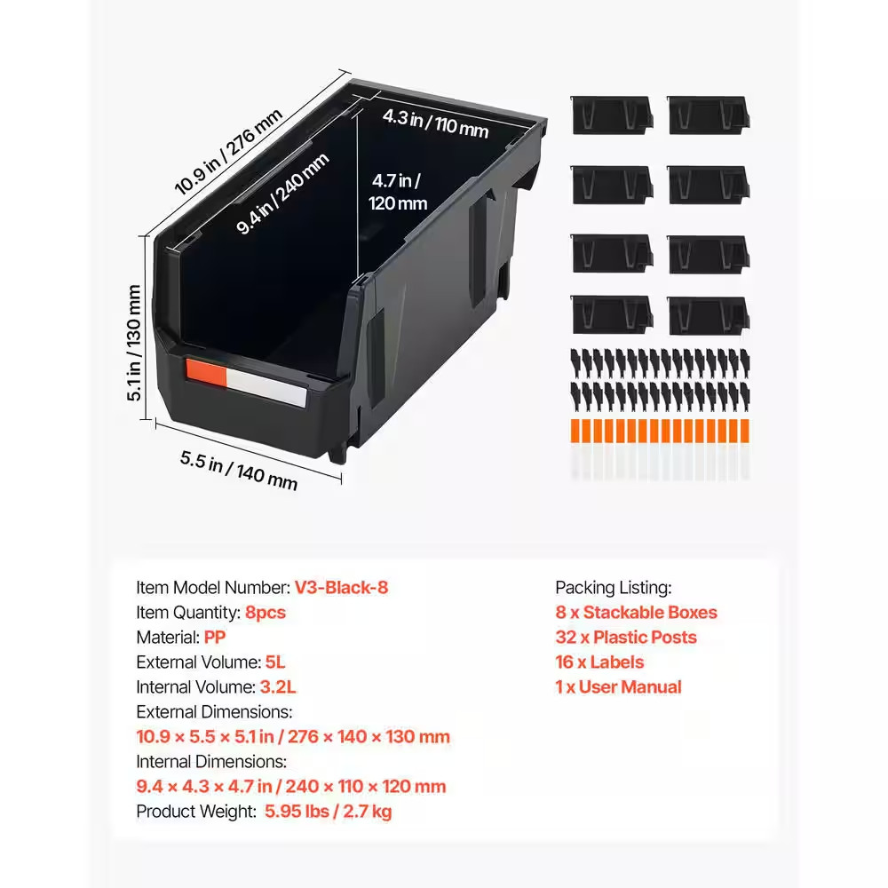 Plastic Stackable Storage Bins, 10.9 X 5.5 X 5.1 In. (8 Pack), 6 Lbs., Container