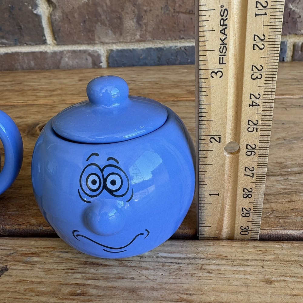 VTG Mini Set Cream & Sugar Funny Faces Blue
